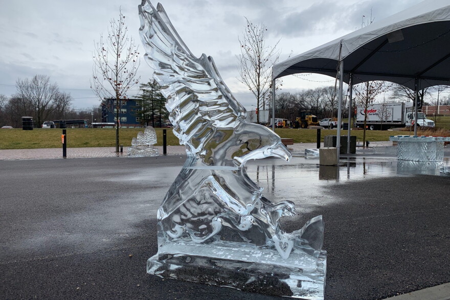 A Freezefest ice sculpture near Upland Brewing Co.