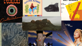 Eight different album covers stacked on top of each other with one centered in the middle
