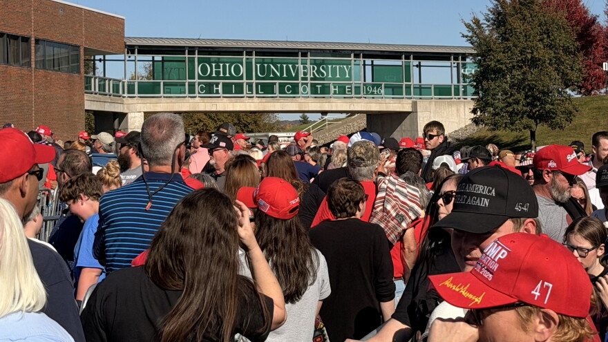 Supporters of President Donald Trump wait in line to get into a rally at Ohio University's satellite campus in Chillicothe on October 28, 2026.