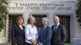 (from left to right) Breeze Richardson, Executive Director of Aspen Public Radio, Tami Graham, Executive Director of KSUT Public Radio, Steve Zansberg, legal counsel representing the Colorado stations, and Stewart Vanderwilt, President/CEO of Colorado Public Radio stand in front of DC District Court