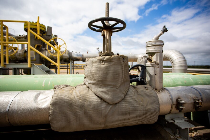 Pipes are wrapped with insulation to protect them from the cold.