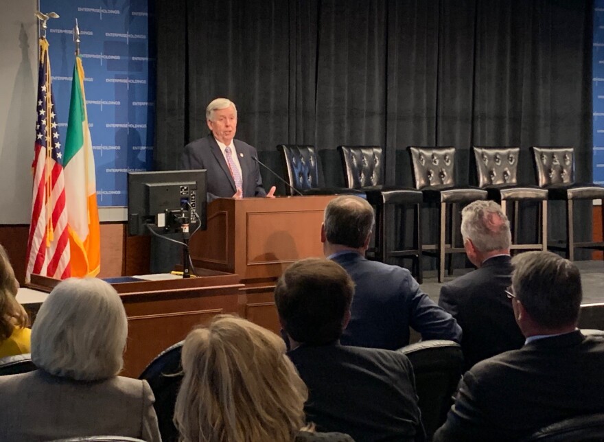 Gov. Mike Parson promotes business between Missouri and Ireland during an event Monday at Enterprise Holdings' headquarters in Clayton.