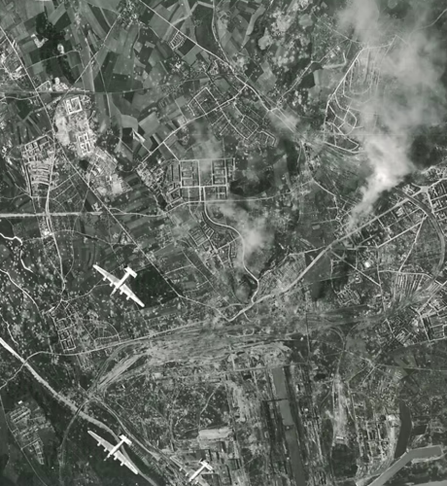 Striking Linz: B-24s of the 451st Bomb Group transit Linz. The group lost two B-24s to enemy fire over the target, and seven of its airmen were killed in action.