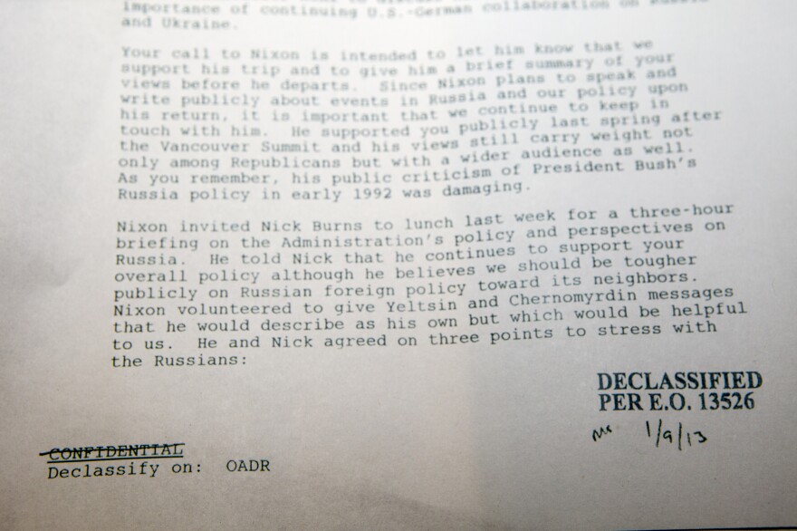In this Tuesday, Feb.12, 2013 photo, a confidential National Security Council memo from a senior President Bill Clinton aide who spent three hours with former President Richard Nixon, shortly before the former president would make his 10th, and final, trip to Russia.