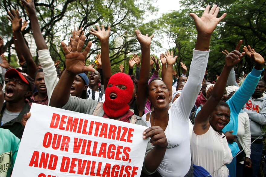 Supporters of Zimbabwe's opposition Movement for Democratic Change march in Harare, November 2018, angered by a protracted economic crisis and Prime Minister Emmerson Mnangagwa's election earlier that year.