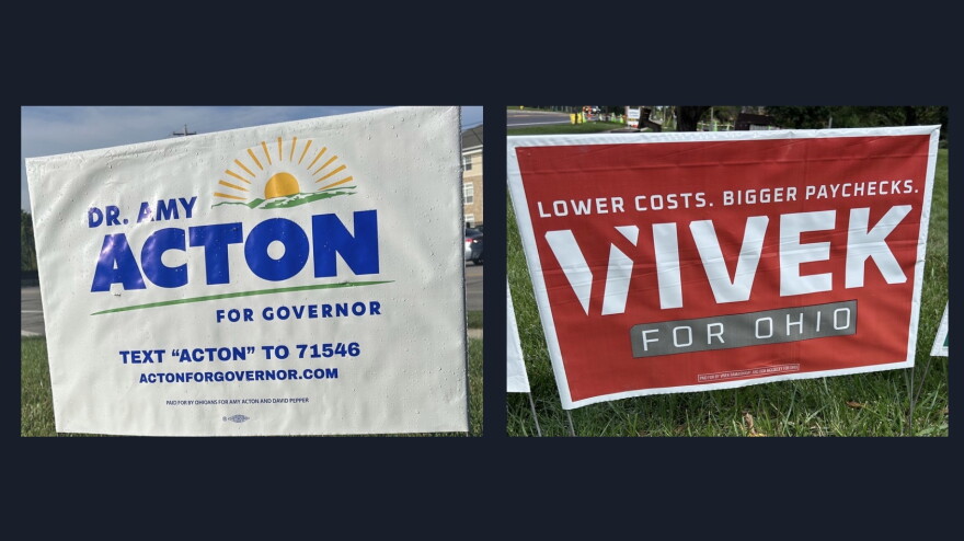 Yard signs advertise campaigns for Ohio Governor candidates Amy Acton (D) and Vivek Ramaswamy (R).