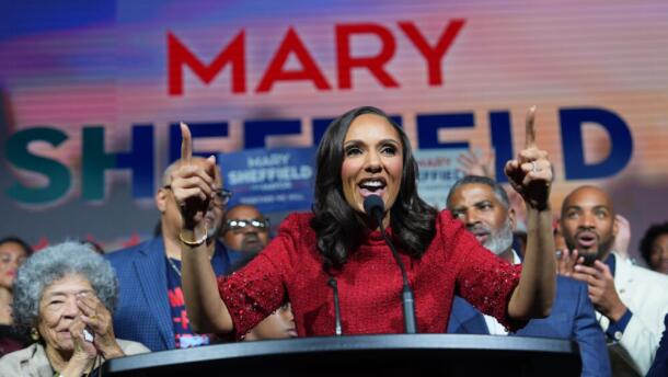 Mary Sheffield speaks during an election night watch party after winning the mayoral race on Tuesday, Nov. 4, 2025, in Detroit. (Paul Sancya/AP)
