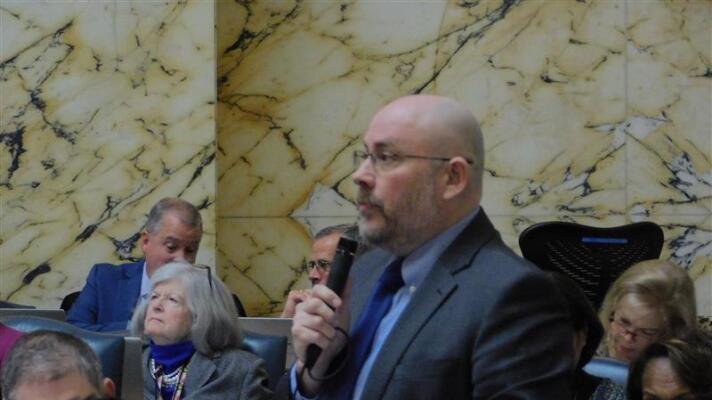 Del. David Fraser-Hidalgo speaks in favor of his bill to lower utility bills on Wednesday on the House floor in Annapolis, Md.