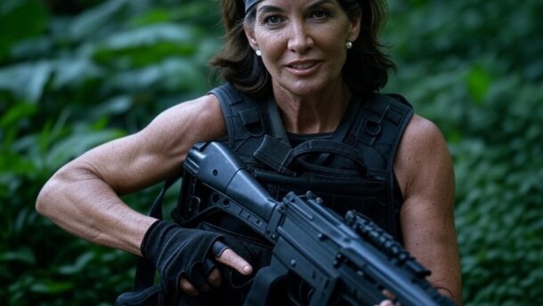 An AI-generated image of Gov. Kathy Hochul as Rambo.