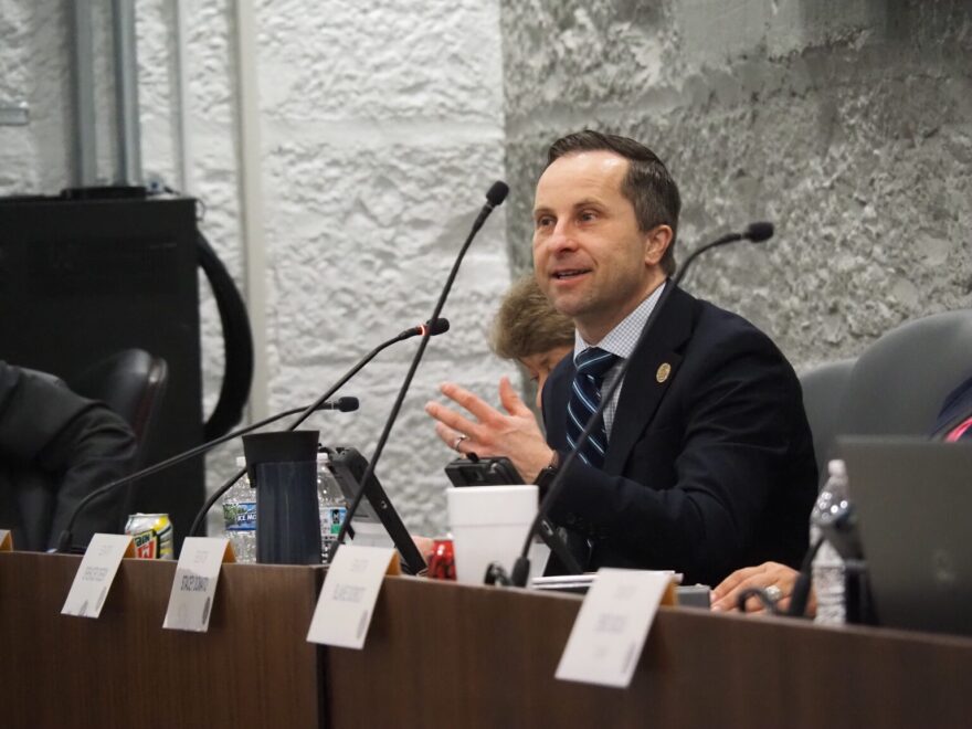 Sen. Spencer Deery, R-West Lafayette, laughs at a joke from a member of the public during testimony on a bill in February 2022.