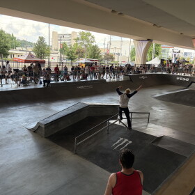 Skateboarder Roman Hager competes at the FISE World Series in Birmingham, Alabama, on Aug. 8, 2026.