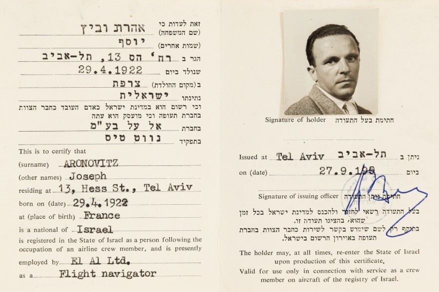 The fake identification card prepared for Dr. Yonah Elian to take part in the Mossad operation to apprehend Adolf Eichmann in Argentina. The Mossad team posed as El Al flight crew members.