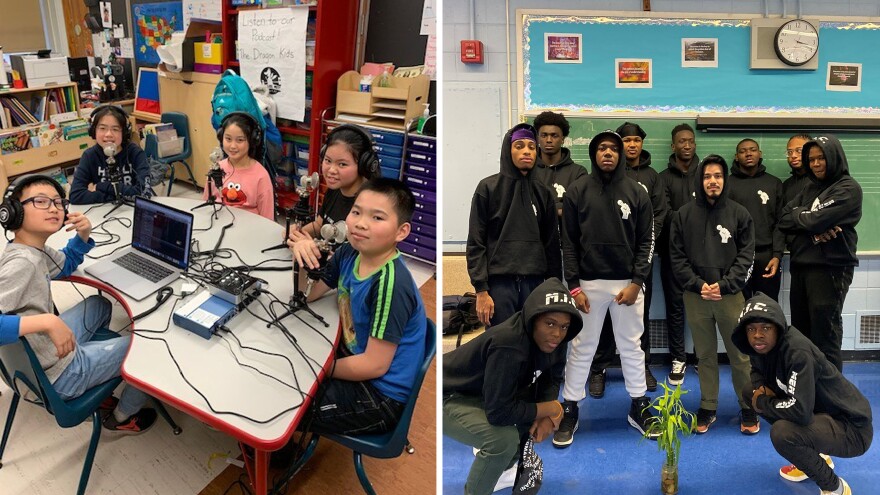 Members (left) of the Dragon Kids Podcast Club at PS 126/Manhattan Academy of Technology in New York City, and members (right) of the Men in Color after-school club at the High School for Innovation in Advertising and Media, also in New York.
