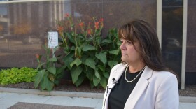 Tazewell County Treasurer Mary Burress speaks in front of the Peoria County Courthouse on Oct. 13, 2020.
