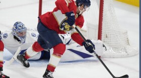 Hockey player in a red uniform scoring a goal