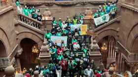 Anti-climate change advocates rally at the State Capitol in Albany on March 20, 2024.