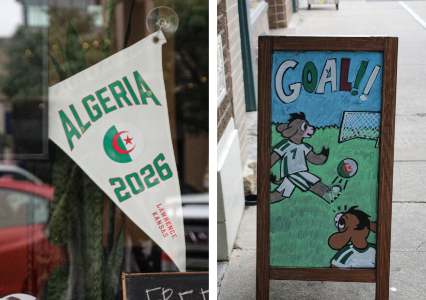 A white flag says "Algeria 2026" and a chalkboard shows foxes kicking in a soccer ball.