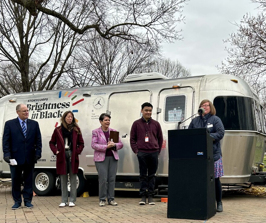 Left to right: WUKY General Manger Bryan Lane, Third District Councilmember Hannah LeGris, Mayor Linda Gorton, StoryCorps on-site producer Ian Murakami, and Lexington History Museum Director Dr. Amanda Higgins at the dedication of StoryCorps in Lexington. The mobile recording studio will be in Woodland Park through April 14th.