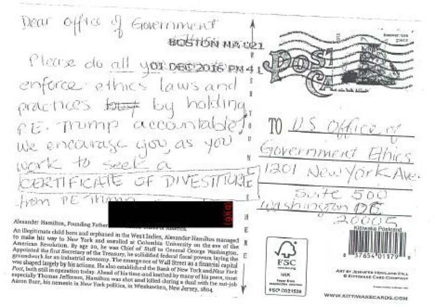 A copy of the postcard received by the OGE.