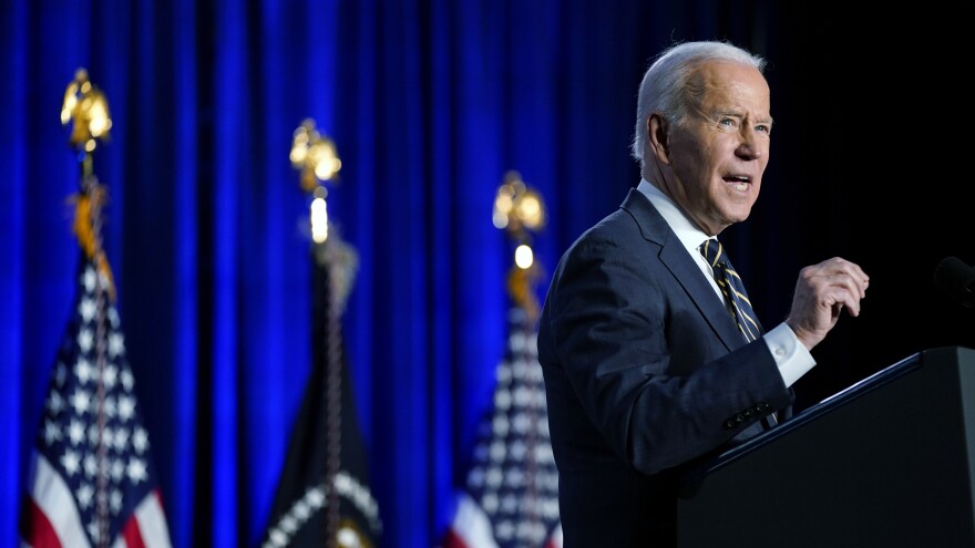 President Biden speaks at the House Democratic Caucus Issues Conference on Friday in Philadelphia.