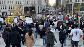 Pro-Palestinian protesters gathered on Monument Circle in downtown Indianapolis. Sunday, Oct. 22, 2023.