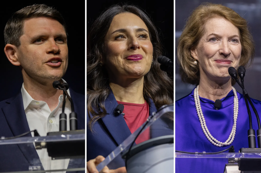 Democrats at the top of Texas' statewide ticket this November. From left: James Talarico, running for the U.S. Senate, gubernatorial candidate Gina Hinojosa and Vikki Goodwin, vying for lieutenant governor.