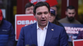Republican Florida Gov. Ron DeSantis speaks during a media availability in Manchester, N.H., Friday, Jan. 19, 2024. (AP Photo/Matt Rourke)