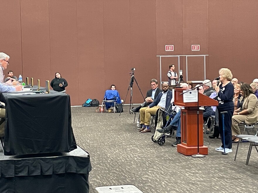 State Senator Vaneta Becker addresses members of the Indiana Utility Regulatory Commission at Old National Events Plaza, April 7, 2026