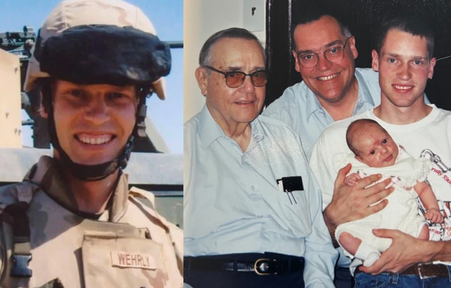 Sgt. 1st Class Kyle Wehrly, left (photo courtesy Janet Wehrly); and four generations of Wehrlys, right. (photo courtesy Peter Wehrly.)