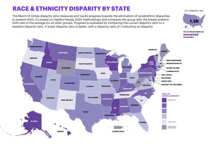 The report finds that racial disparities are widening in many parts of the country. Overall, babies born to Black and Native American moms are much more likely to be born early.