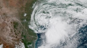 This GOES-19 GeoColor satellite image provided by NOAA shows Tropical Storm Arthur along the Gulf coast of Texas, on Wednesday, June 17, 2026. (NOAA via AP) CORRECTION: Name corrected to Arthur, instead of Arther