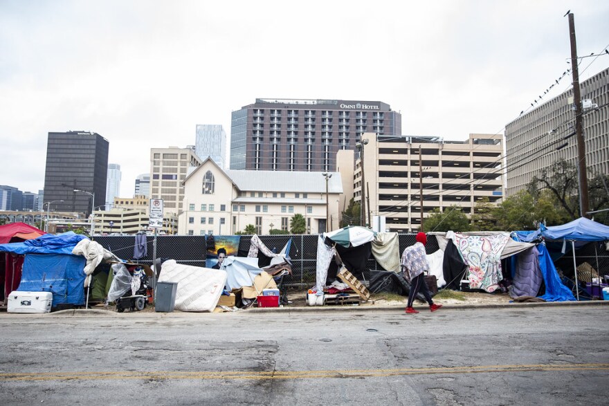 A homeless encampment near the ARCH in downtown Austin.