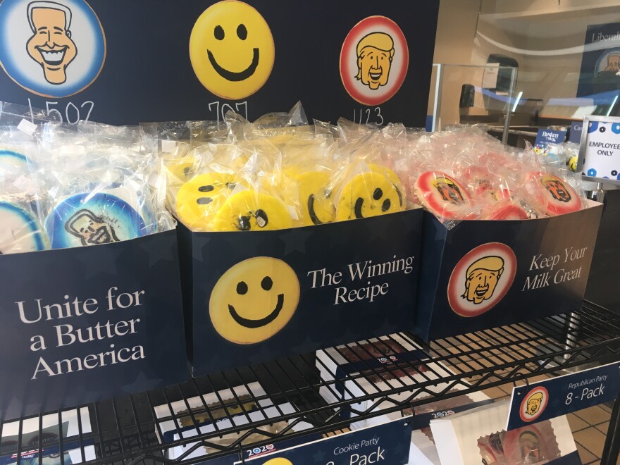 According to Busken sales, President Trump and former Vice President Joe Biden are close, with the Independent candidate (the smiley face cookie) in a distant third.