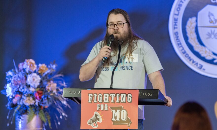 Drew Amidei, a regional organizer with Missouri Jobs with Justice, leads a meeting of labor unions, reproductive rights groups and other advocates March 19, 2026, at The Joshua House Church in Jefferson City.