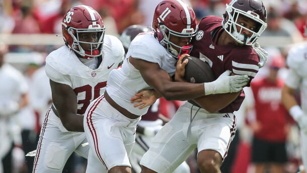 Alabama linebacker Xavier Griffin (11) makes a tackle against Mississippi State running back Xavier Gayten during the second half of an NCAA college football game in Starkville, Miss., Saturday, Oct. 3, 2026. (AP Photo/James Pugh)