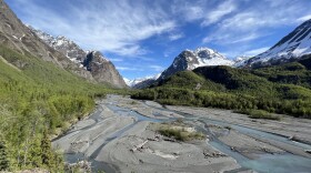 The upper Eagle River valley seen from the Crow Pass Trail on a hot day in late May 2022. (Casey Grove/Alaska Public Media)