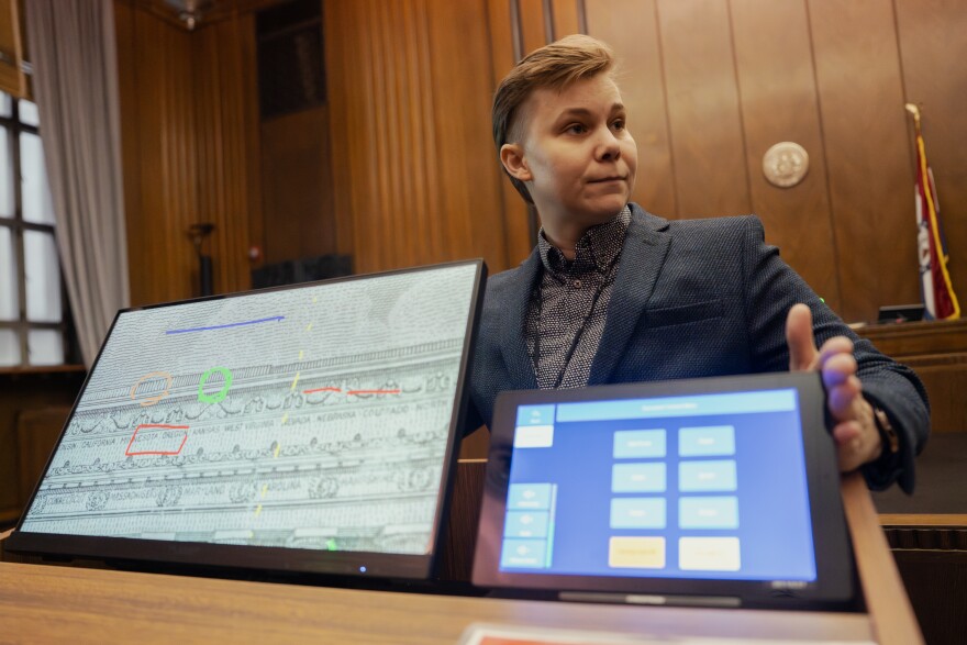 Erica Preiss, the information technology manager for the Missouri 22nd Judicial Circuit, shows off the high resolution cameras being installed in courtrooms at the Mel Carnahan Courthouse on Wednesday, December 10, 2025, in downtown St. Louis.
