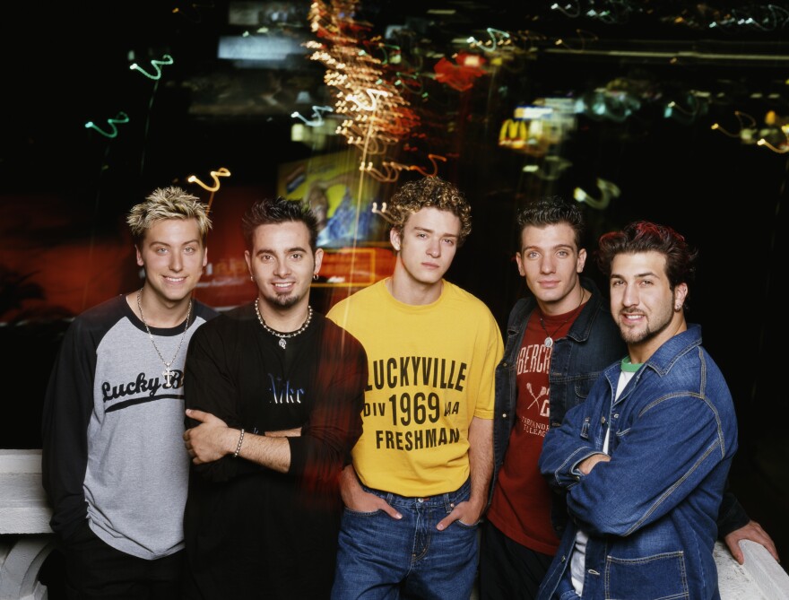 NSYNC in early 2001. Left to right: Lance Bass, Chris Kirkpatrick, Justin Timberlake, JC Chasez and Joey Fatone.