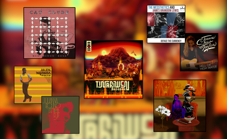 Seven squares with music artwork in them, over blurred orange background. 