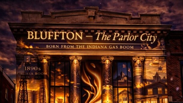 A screenshot of the City of Bluffton's Parlor City Digital Projection, a permanent 3D projection mapping system downtown.