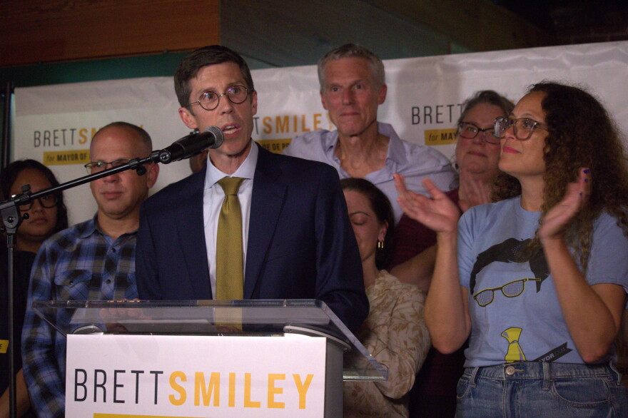 Current Providence Mayor Brett Smiley addresses supporters during concession speech. Credit: Ben Berke/Ocean State Media