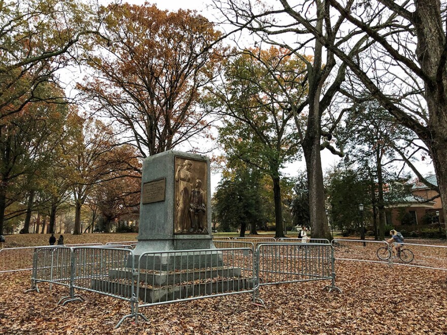 A photo take on December 2, 2018 shows barricades surrounding the pedestal where the Silent Sam statue once stood.