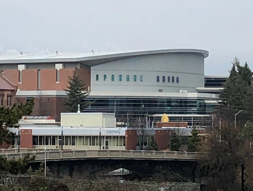 The Numerica Veterans Arena, as seen from across the Spokane River.