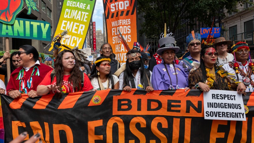 Thousands of activists, indigenous groups, students and others take to the streets of New York for the March to End Fossil Fuels protest on Sunday, Sept. 17, in New York.