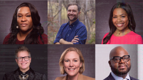 A camera filter is placed over headshots of Asheville City Council candidates, who starting at top left are Sheneika Smith, Drew Ball, Antanette Mosely, Jeffrey Burroughs, Maggie Ullman and Keith Young.