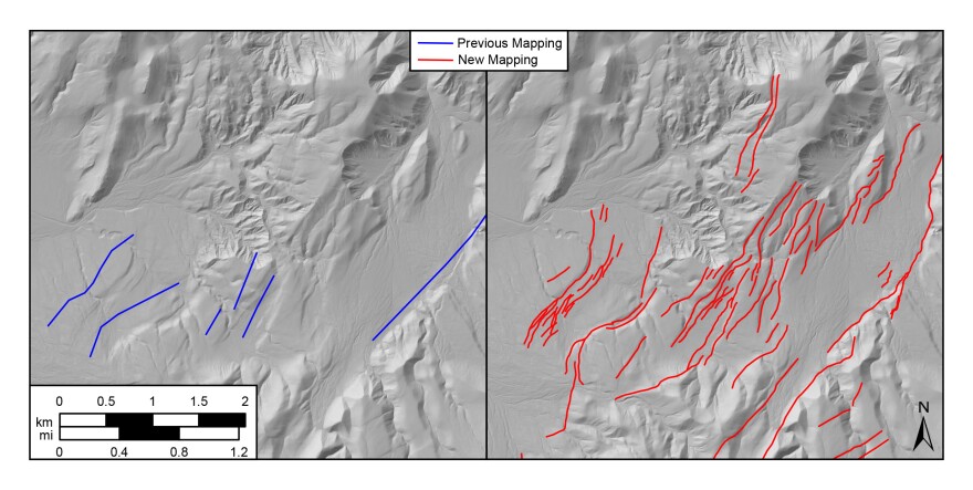 Map showing a comparison of old (left) vs. new (right) mapped fault traces in the Annabella Graben near Richfield, Utah. Shaded relief base maps generated from ESRI, USGS, and NOAA elevation data.