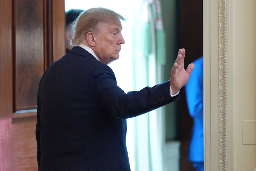 President Donald Trump departs after speaking at a Columbus Day celebration in the East Room of the White House, Friday, Oct. 9, 2026, in Washington. (AP Photo/Alex Brandon)