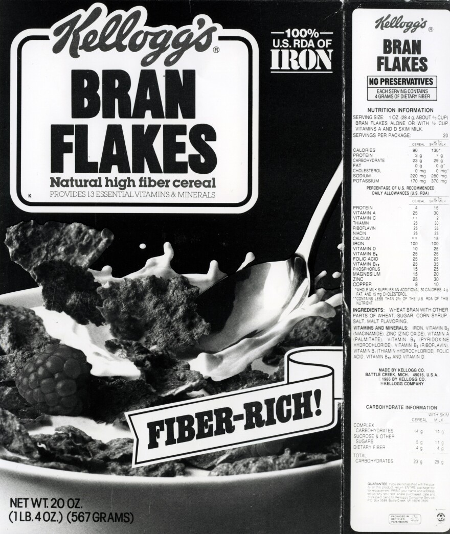 This 1986 Kellogg's Bran Flakes box lists many attributes: 100% RDA of Iron, Fiber Rich, No preservatives, natural high fiber cereal, provides 13 essential vitamins and minerals. Under the 1990 Nutrition Labeling and Education Act, many confusing label terms began to be standardized.