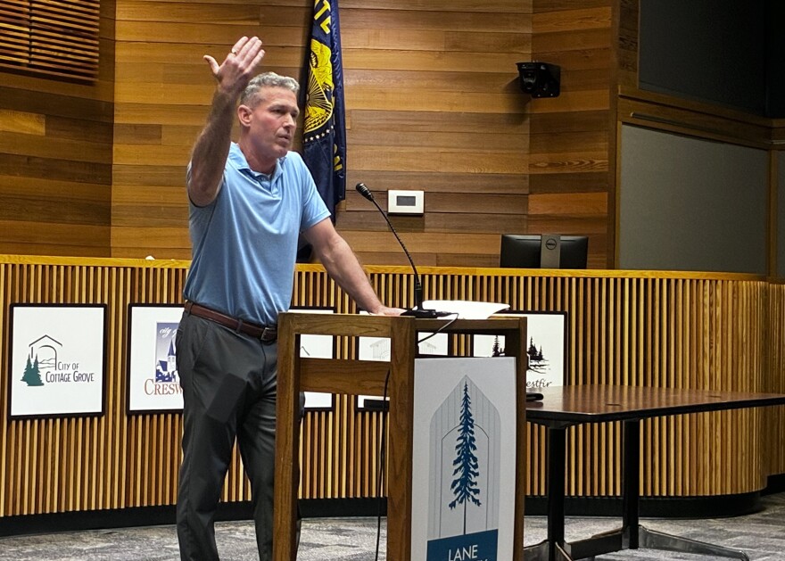 Clint Riley, the program coordinator for Lane County deflection, speaks at a graduation ceremony on June 27, 2025.