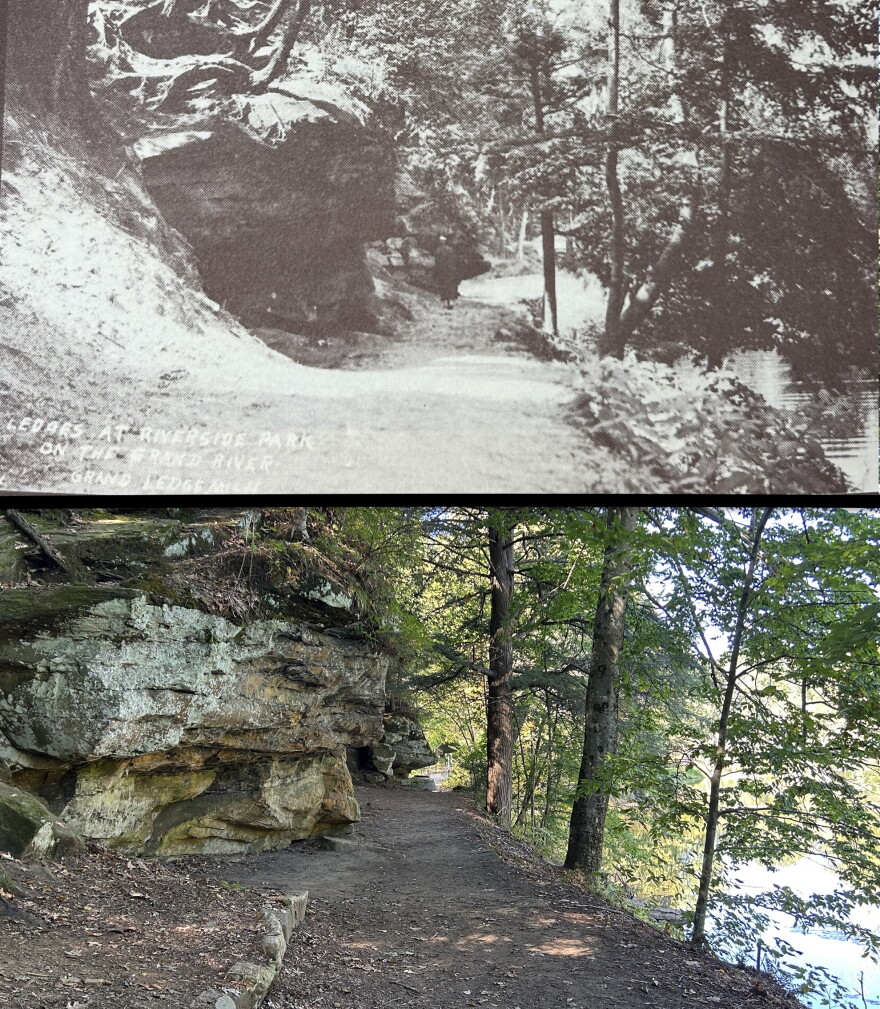 An old black-and-white photo of the ledges above a modern, colorful photo of the same ledges